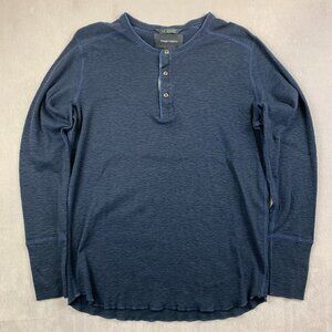 Wings + Horns Men Shirt Large Navy Blue Heather Slub Rib Henley Long Sleeve Knit